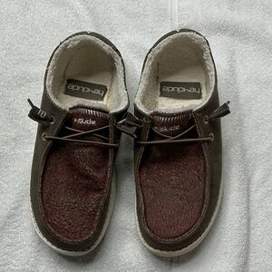 Hey Dude Brown and Burgundy Fleece-Lined Slip-Ons